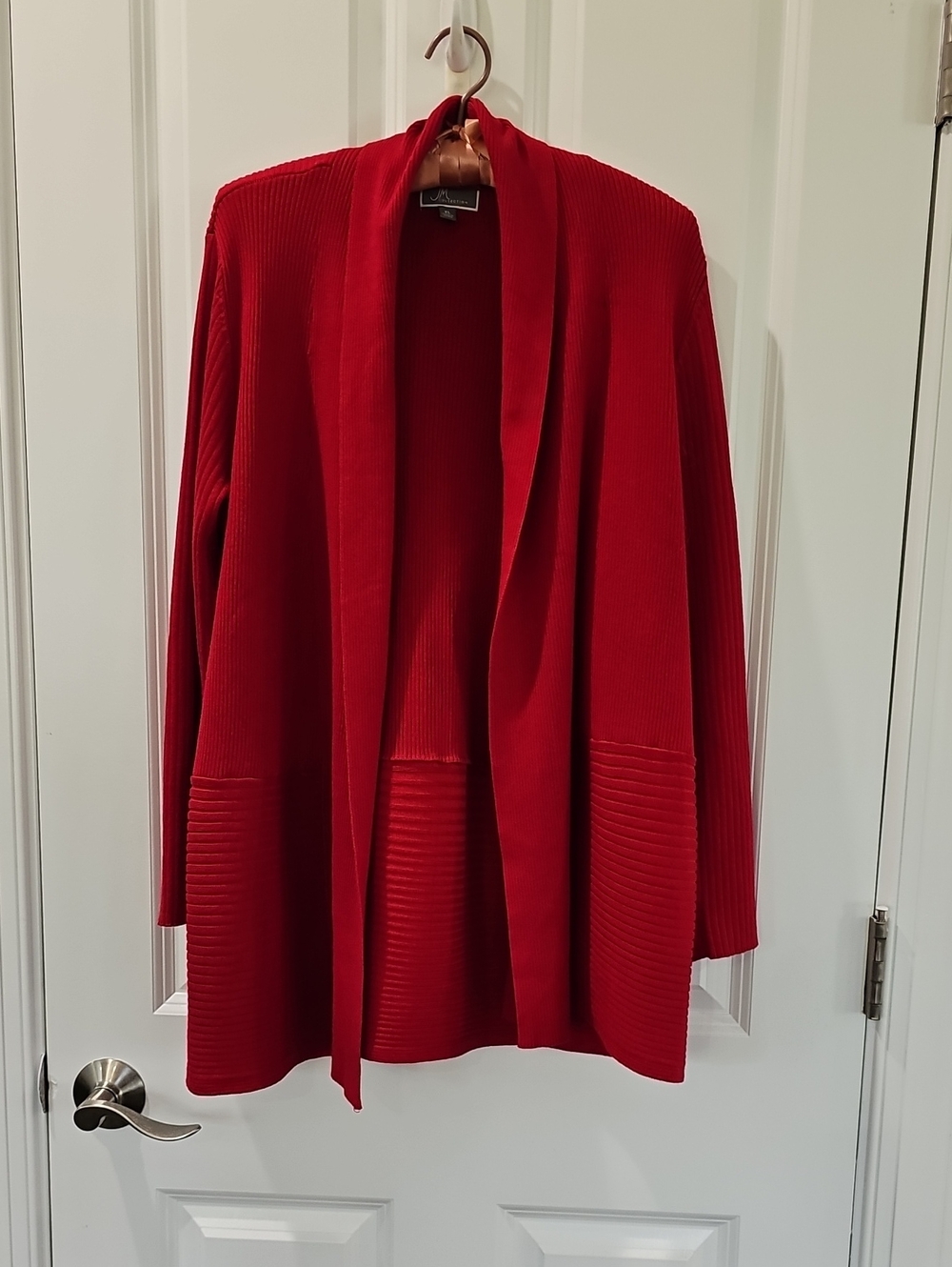 JM Collection Open-Front Red Ribbed Cardigan
